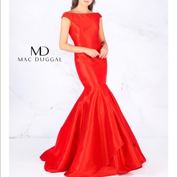 mac duggal red prom dress